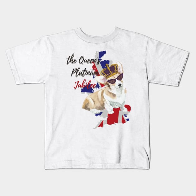 THE QUEEN'S PLATINUM JUBILEE CORGI Kids T-Shirt by Katebi Designs